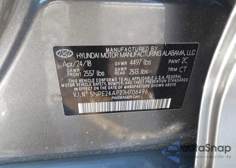 2018 Hyundai Sonata Se z USA, uszkodzony, nr VIN 5NPE24AF2JH706496